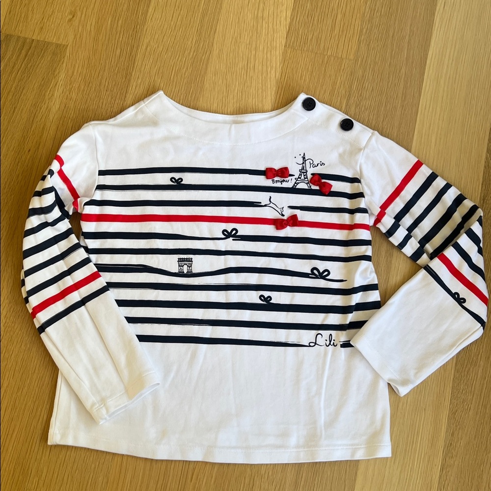 EUC LILI GAUFRETTE Paris Striped Long Sleeve Top Ribbons Size 12
